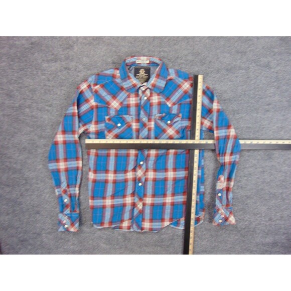 Jachs Flannel Shirt Mens Med Blue Red Plaid Western Pearl Snaps - Picture 4 of 7